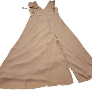 Fame and Partners nude beige maxi dress gown ruffle slit glam